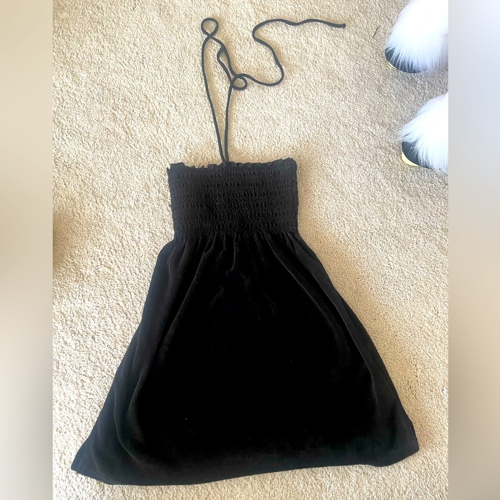 Vintage (2003) Juicy Couture black terry cloth cover up with neck tie. Size S.